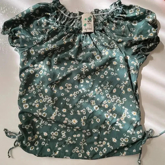 Lily Bleu Child 10-12 Blouse Peasant  Cap Sleeve Ruched Side Tie Classic Cottage - Picture 4 of 8